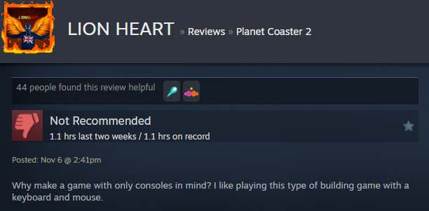 Screenshot showing Steam user reviews of Planet Coaster 2.